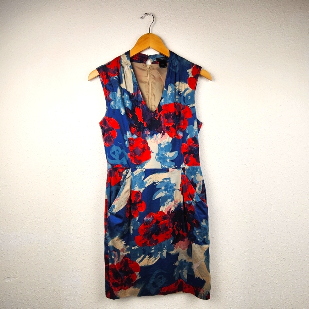 Ann Taylor Blue Red Floral Sleeveless Sheath Dress Abstract Floral Size 4